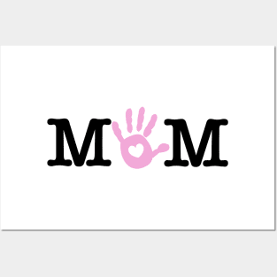 MOM text. Baby hand print with heart. Posters and Art